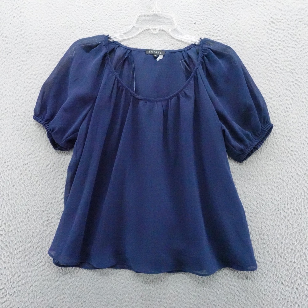 1 STATE Womens Navy Blue Puff Short Sleeve Scoop Neck Chiffon Blouse XS NEW